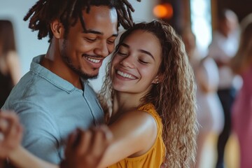 Couple dancing joyfully at a social gathering, showcasing a vibrant culture and rhythm in a warm atmosphere with friends enjoying the moment