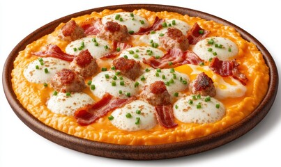 Sweet potato base breakfast pizza with eggs, bacon, and sausage