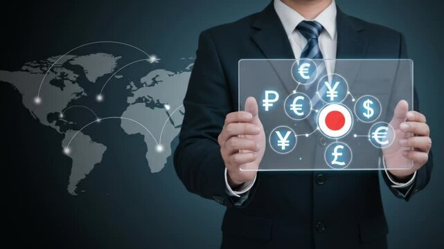 A man in a suit holding a transparent screen with currency symbols and a world map in the background - Powered by Adobe
