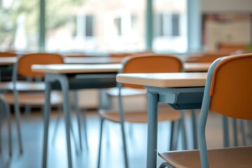 Classroom setting with empty desks and chairs showcasing a learning environment during a quiet day in a school