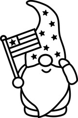 Patriotic American gnome cartoon with flag.
USA Independence Day gnomes outline vector isolated.
Cute 4th of July gnome characters black line illustration design.
Transparent background. 