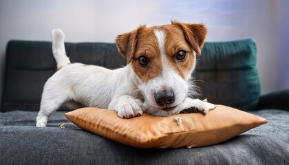 Naughty Jack Russell Terrier Causing Mischief A Funny Scene of a Playful Dog Alone at Home After Biting a Pillow, Capturing Energy and Humor with its Expressive Eyes.
