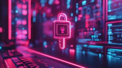 Futuristic Neon Padlock and Key Cybersecurity System Technology Data Protection