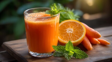 Freshly Squeezed Carrot and Orange Juice with Mint Garnish