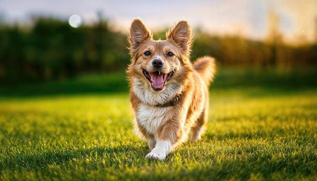 Funny dog squinting while walking on lush green lawn under a bright blue sky, showcasing playful energy and summer vibes.