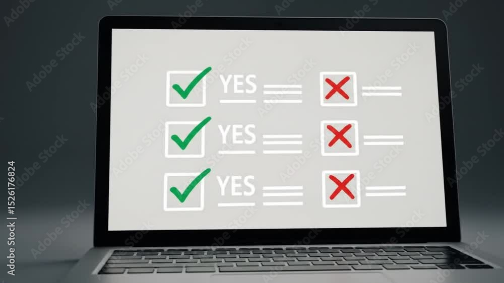 Fototapete laptop displaying a yes or no survey with checkmarks and x marks on a gray background surface