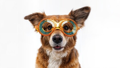 Whimsical Canine Carnival Mirth A Playful Pup in Vibrant Specs Against a Spotless Backdrop, Radiating Joy and Cheer.