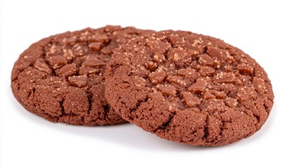 Two chocolate chip cookies on white background, for baking recipes and food blogs