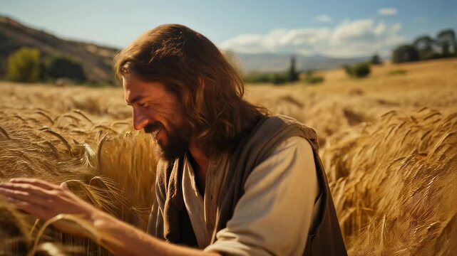 Jesus Christ, the apostle walks through a wheat field. Harvest time. The parable of the good sower and the tares. Christian religious video for publications