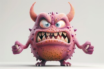 Pink horned monster with a fierce glare ready to strike. This fairy-tale creature combines aggression with the comical charm of 3D cartoons