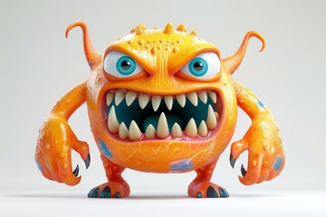 The orange monster with big eyes and sharp teeth looks fierce, but its cartoonish appearance makes it charming. A perfect fit for a funny villain in an animated film.