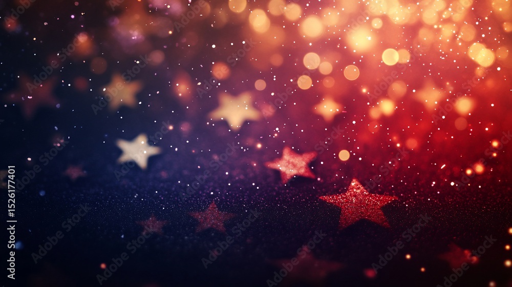Poster sparkling stars on a textured background with bokeh and red to blue gradient