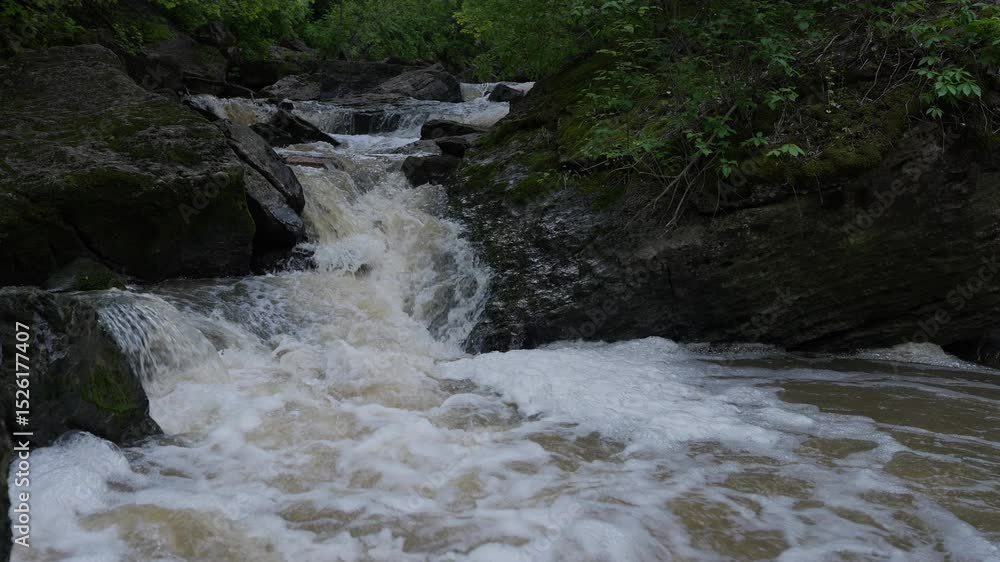 Poster flowing water over rocks in a creek, creating dynamic movement and sound in nature