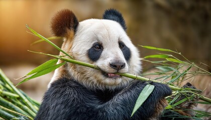 Playful Giant Panda Munching on Bamboo, Striking a Humorous Pose for the Camera Adorable Forest Interaction Capturing Joy and Whimsy in the Wild. If the title is below characters, append this