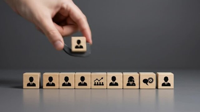 Hand placing wooden block with person icon onto a row of blocks with various business symbols