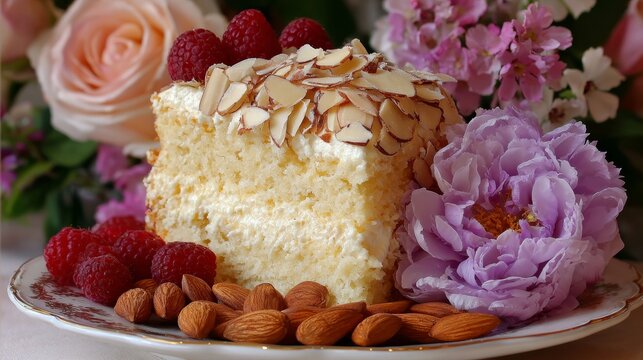 Delicious Raspberry Almond Cake Slice with Creamy Frosting and Almonds, Garnished with Raspberries - Powered by Adobe