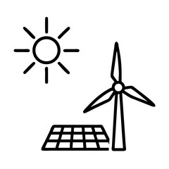 Solar panel and wind turbine with sun outline on white background  