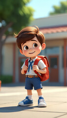 Cheerful cartoon young schoolboy stands in a schoolyard, wearing a backpack and a school uniform, excited for a day of learning and adventure in bright sunlight. Back to school concept. Generative AI.