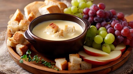 Cheese Fondue with Croutons, Grapes, and Apple Slices on a Wooden Platter