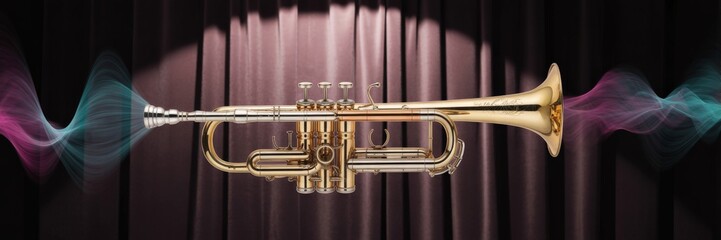 Golden trumpet with colorful sound wave visualization