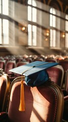 Graduation cap with tassel on red auditorium chair