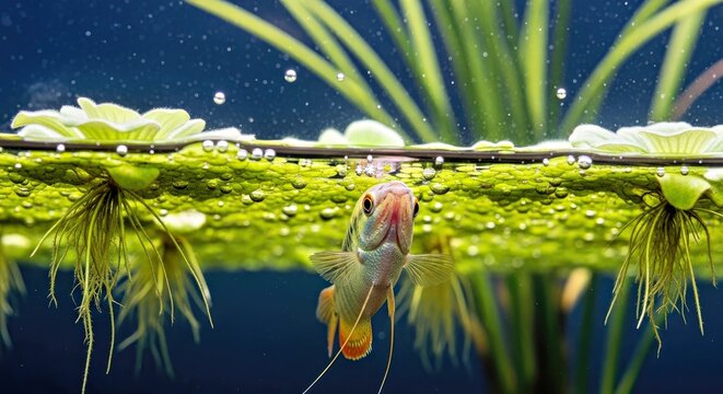 Beautiful Pearl Gourami Fish Surfacing Below Floating Water Lettuce Peaceful Aquarium