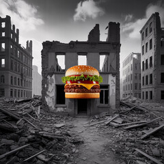 "Surreal Juxtaposition of Cheeseburger in War-Torn City Ruins"