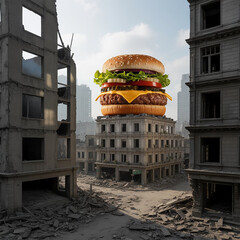 "Giant Cheeseburger Above Abandoned City Ruins"