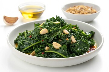 Yummy Braised kale with garlic isolated on white background