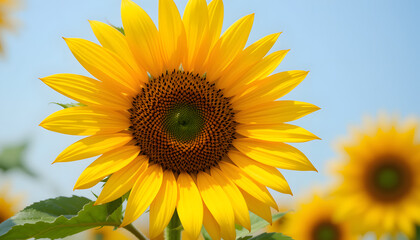 Obraz premium Title: Bright Sunflower Against Clear Blue Sky, Vibrant Summer Nature Scene