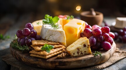 Assorted Cheeses with Grapes and Crackers on a Wooden Board