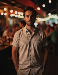 Fototapeta premium Barbecue party guest in a casual shirt enjoying the evening atmosphere