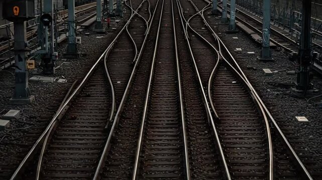 Curved railway tracks converging in a bustling urban area