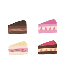 Set of most popular cakes on white background. Set of delicious cake food slice with cream topping.