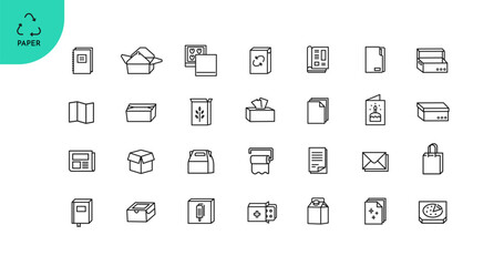 Paper recycling icon set in line style. Editable stroke. Pictogram collection for web design and mobile interface. Paper packaging, box, book, carton, etc. Environment and sustainability. Vector