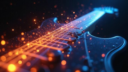 Digital guitar with glowing strings and particle effects