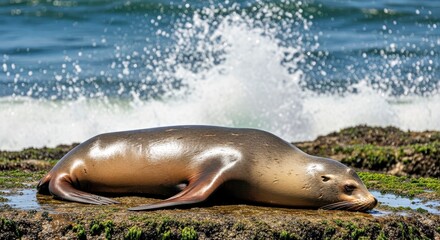 Obraz premium Powerful Sea Lion Resting on Rocky Shore Dynamic Ocean Spray Natural Habitat