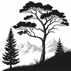 Obraz premium Monochrome Landscape with Trees and Mountains Silhouette Illustration