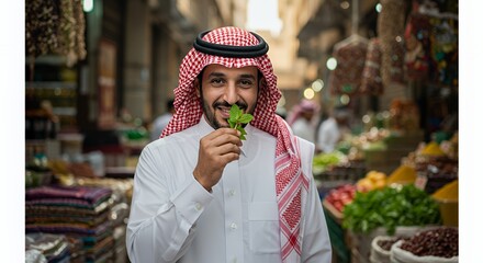 Arab Man in Traditional Attire at a Vibrant Market