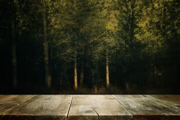 Empty rustic table in front of countryside background. product display and picnic concept