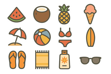 Summer fun icons: beach, fruit, and relaxation symbols on brown background