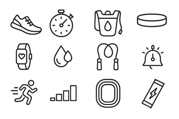Fitness icons: shoes, stopwatch, hydration pack, smartwatch, jump rope, energy bar