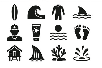 Surfing and beach icons: surfboard, shark fin, coral, lifeguard, splash