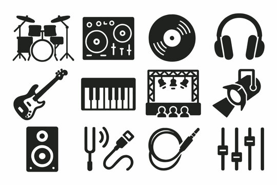 Music production icons: instruments, equipment, and audio tools