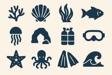 Underwater adventure icons: marine life and diving equipment silhouettes