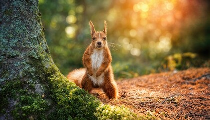 Playful Red Squirrel in a Forest Kingdom, Striking a Majestic Pose, Basking in the Sunlight Amidst Autumn Leaves and Towering Trees.