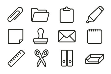 Minimalist office supply icons: paperclip, folder, clipboard, highlighter, envelope, scissors