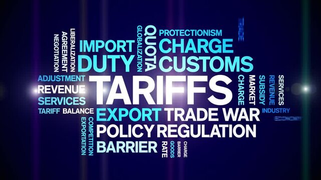Tariffs animated word cloud;text design animation tag kinetic typography seamless loop.