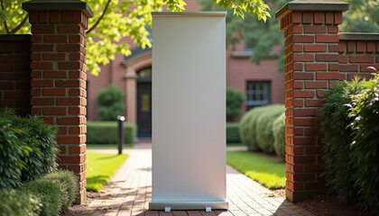 Vertical banner mockup. Vertical banner mockup at park entrance with brick pillars and trees