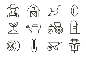 Agriculture icon set featuring barn, tractor, and farming tools